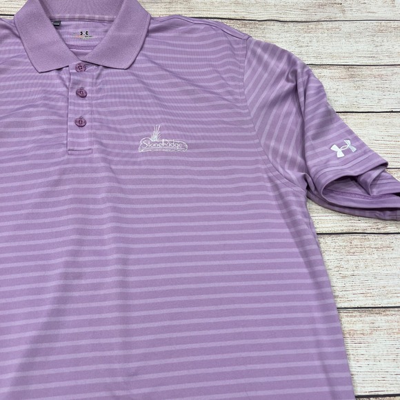 Under Armour HeatGear Mens Lavender Stripe Golf Polo Shirt StoneRidge Logo MD - Picture 2 of 9